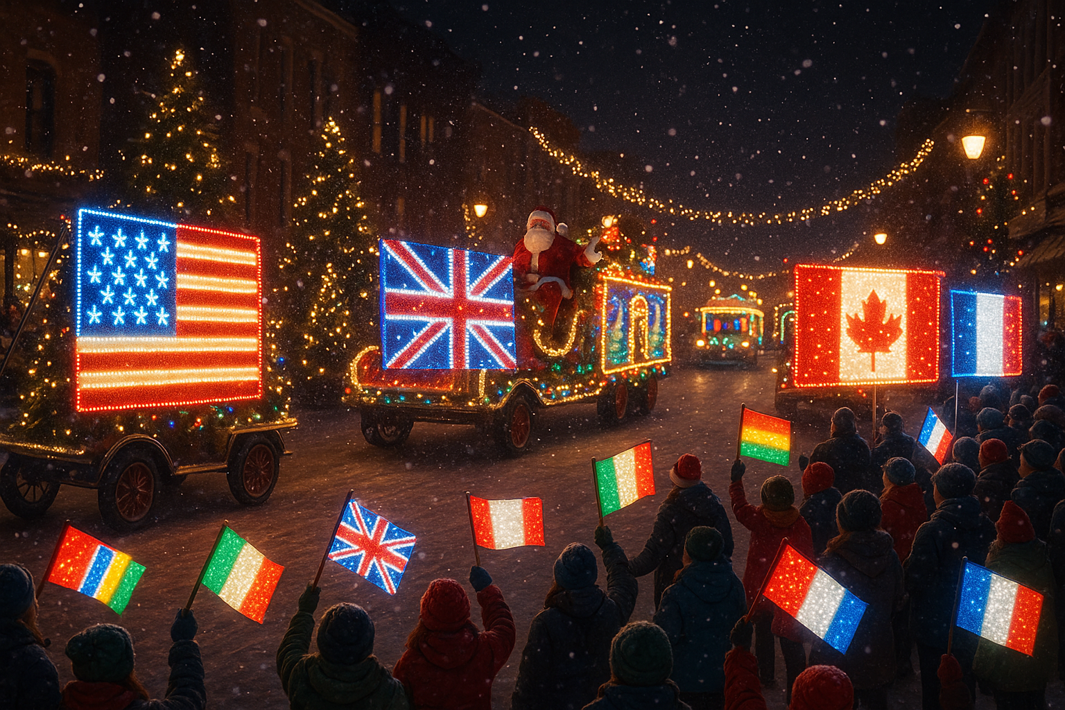 Christmas parade with glowing flags