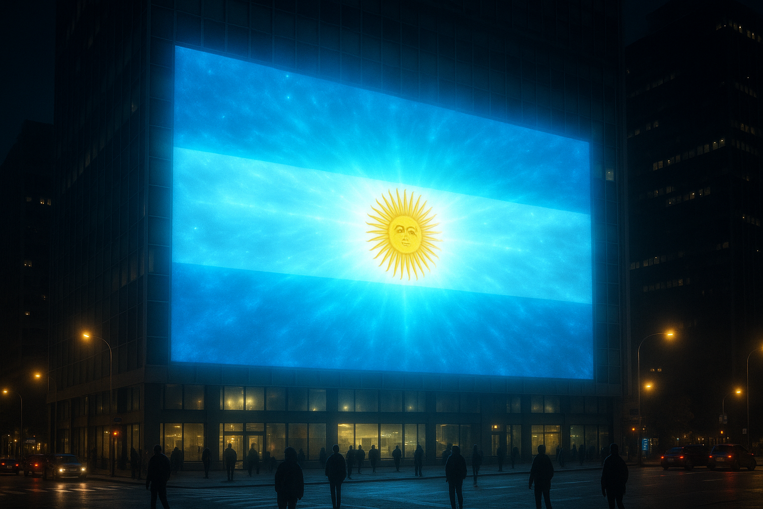 Glowing Argentine Flag on Office Building