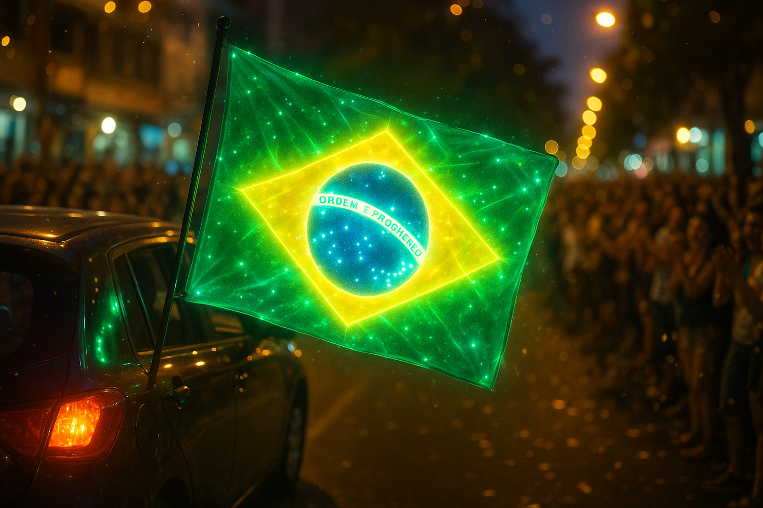 Glowing Brazilian Flag on Parade Car