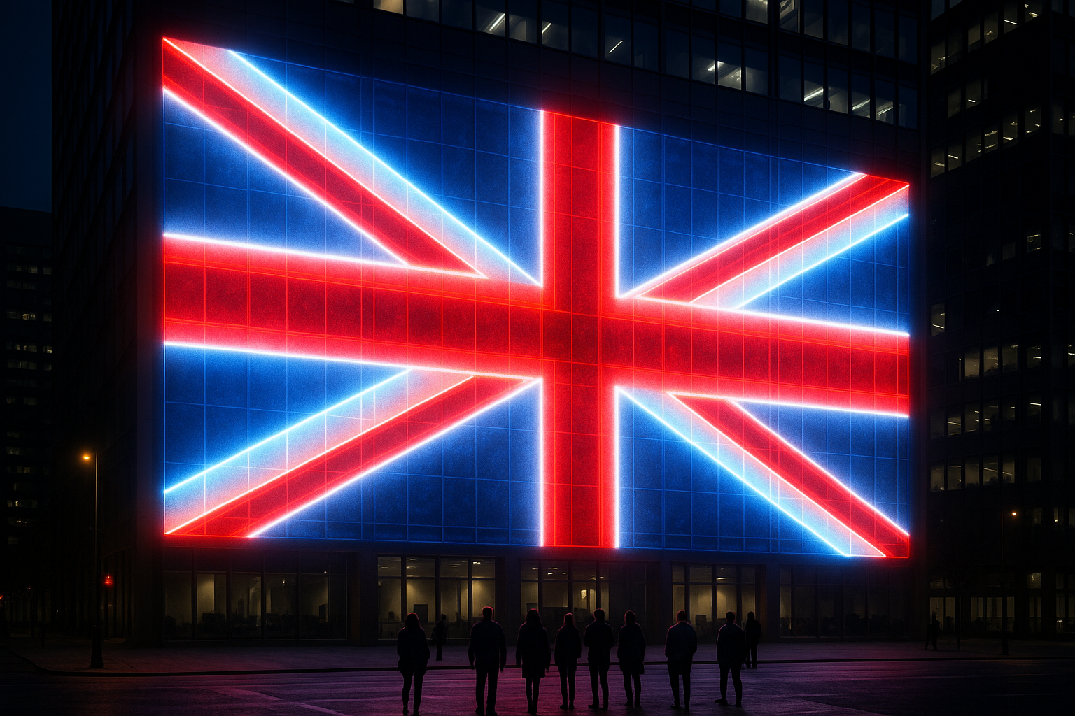 Glowing British Flag on Office Building
