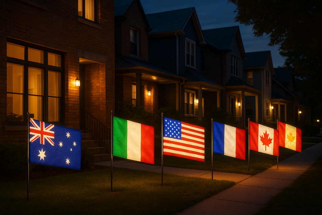 Glowing flags at front yards and office buildings