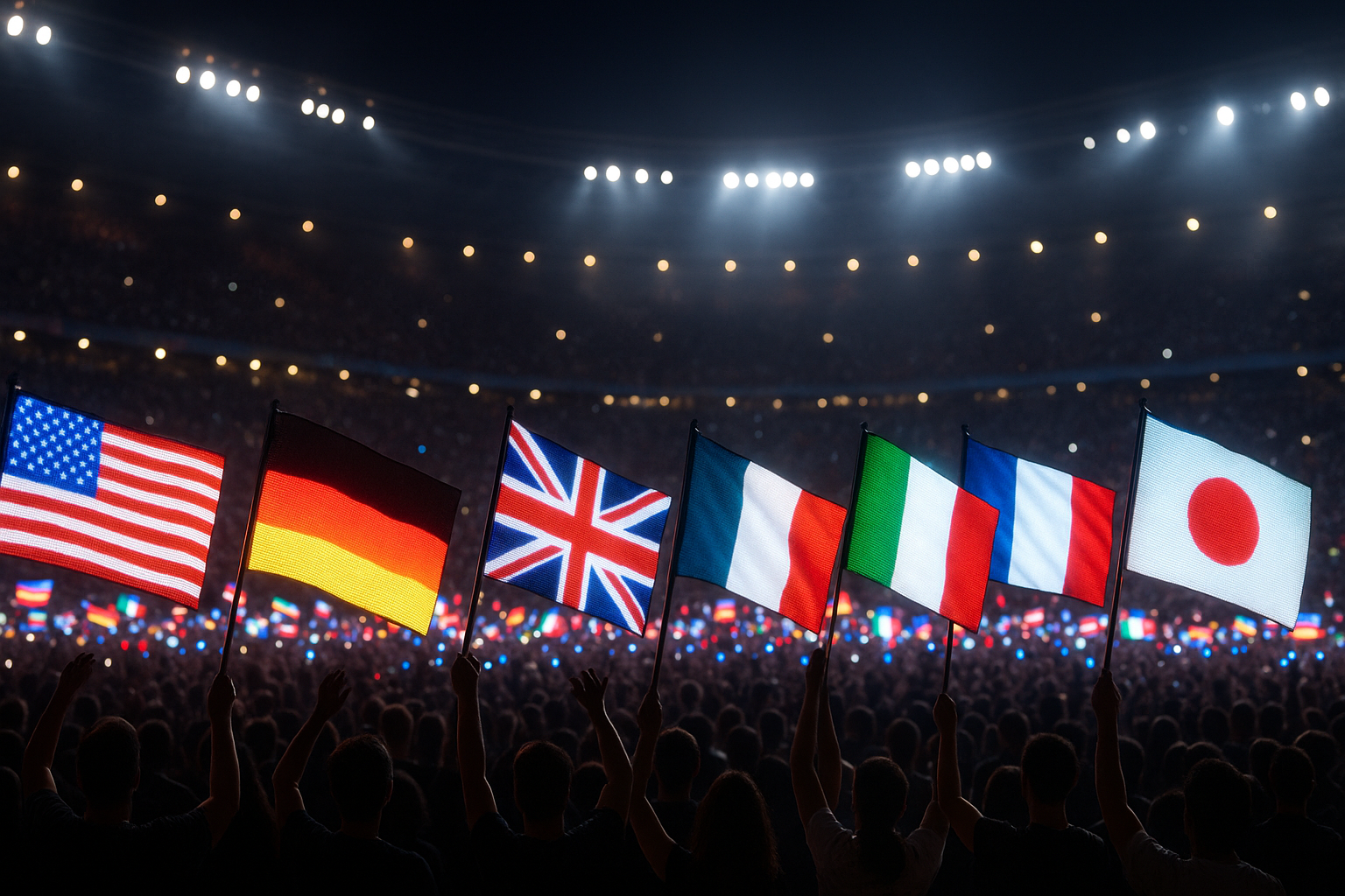 Glowing flags at stadium celebration