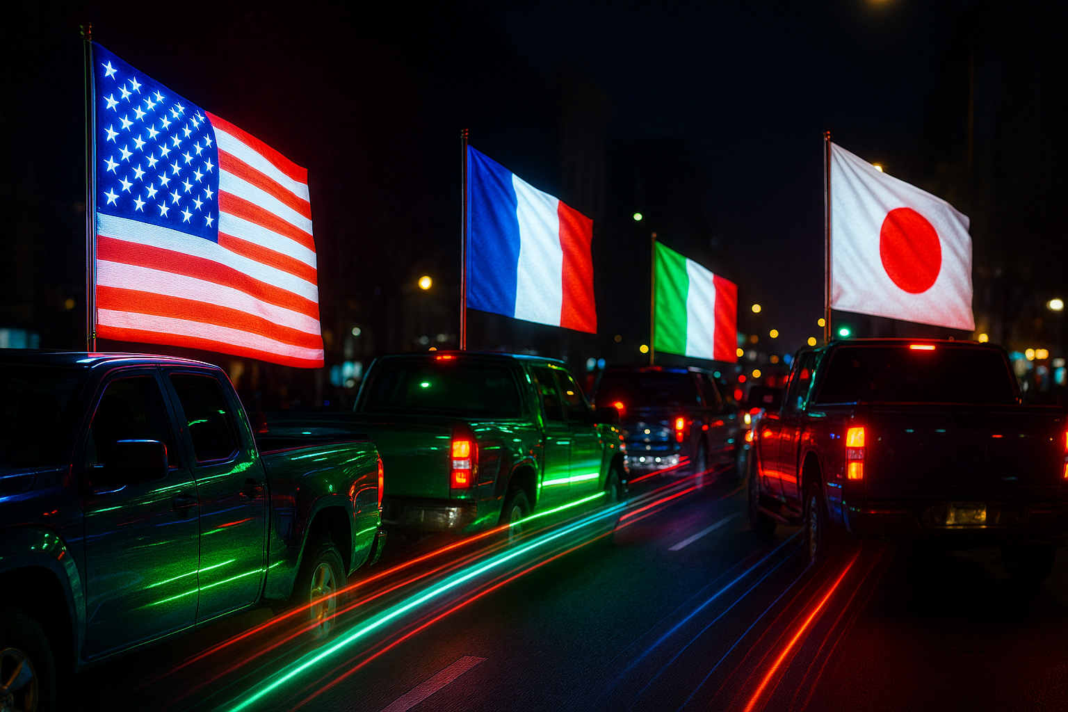 Glowing flags on cars and trucks