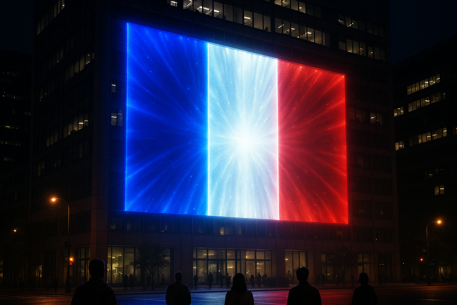 Glowing French Flag on Office Building