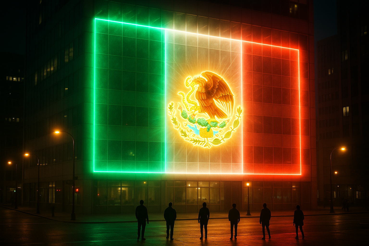 Glowing Mexican Flag on Office Building