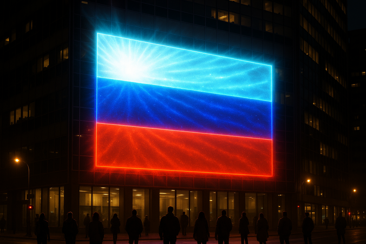 Glowing Russian Flag on Office Building
