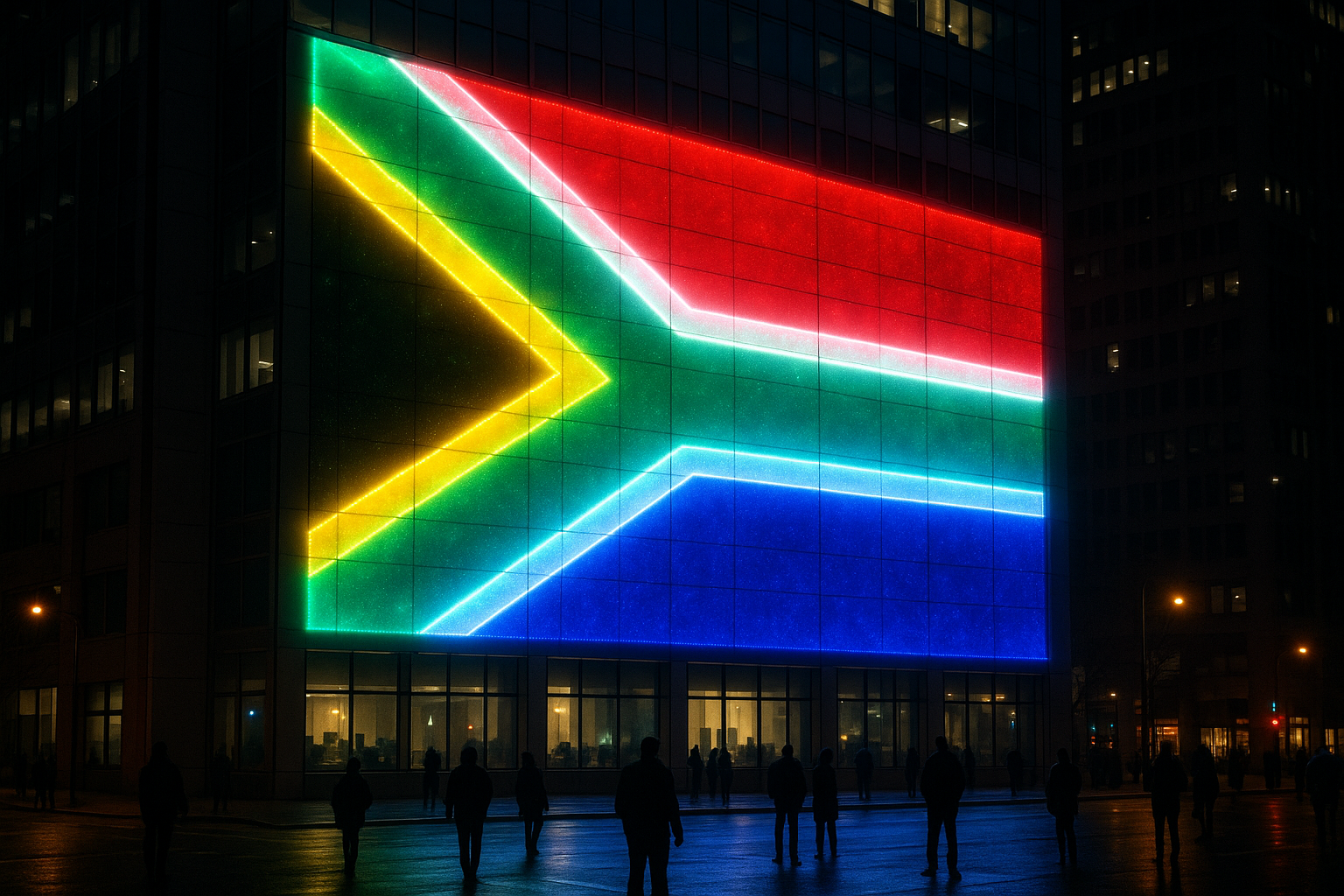 Glowing South African Flag on Office Building