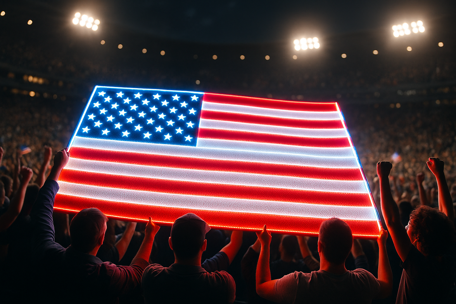 People Holding USA Glowing Flag in Stadium