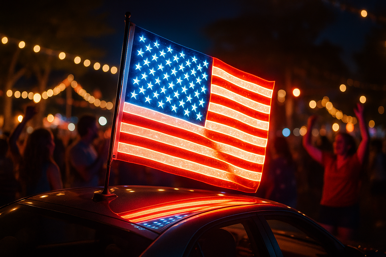USA Glowing Flag on Car at Celebration